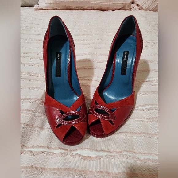 Marc Jacobs Shoes - Marc Jacobs Red Suede Snake Print Peep-Toe Heels